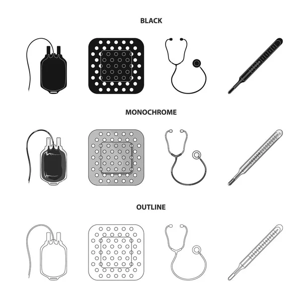 血液や他の機器とのパッケージ。医学は黒、白黒、アウトライン スタイルのベクトル シンボル ストック イラスト web コレクションのアイコンを設定. — ストックベクタ