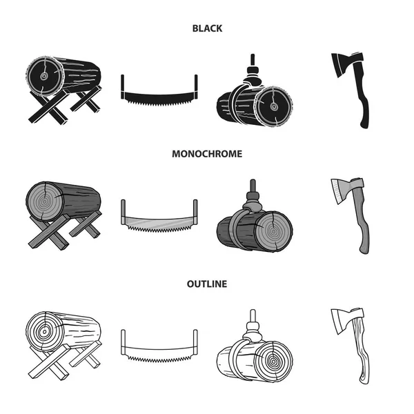 Soporte de registro, sierra de dos manos, hacha, levantamiento de troncos. Aserradero y madera conjunto colección iconos en negro, monocromo, contorno estilo vector símbolo stock ilustración web . — Archivo Imágenes Vectoriales