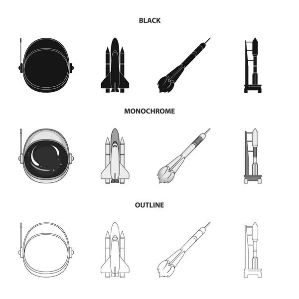 Una nave espacial en el espacio, una lanzadera de carga, una plataforma de lanzamiento, un casco de astronauta. Iconos de colección de conjunto de tecnología espacial en negro, monocromo, contorno estilo vector símbolo stock ilustración web . — Vector de stock