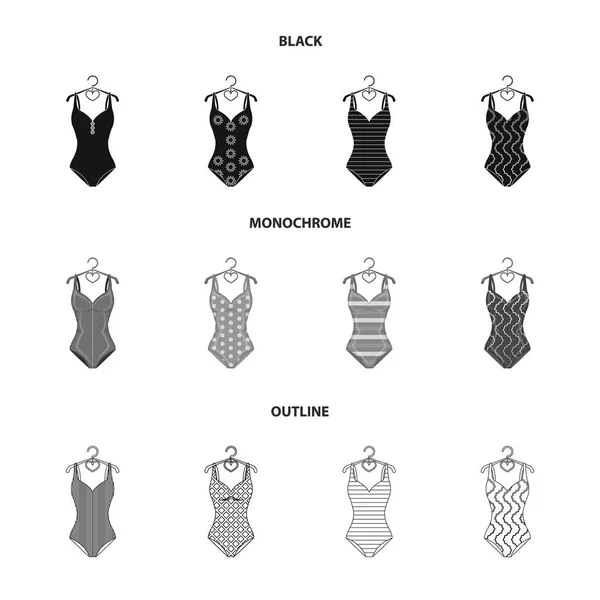Diferentes tipos de trajes de baño. Trajes de baño conjunto colección iconos en negro, monocromo, contorno estilo vector símbolo stock ilustración web . — Archivo Imágenes Vectoriales