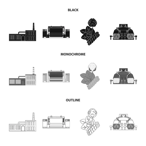 Fabryka, enterprise, budynków i innych tkanina ikona w kolorze czarnym, monochromatyczne, zarys styl. Tekstylne, przemysł, tkaniny ikony w zestaw kolekcji. — Wektor stockowy