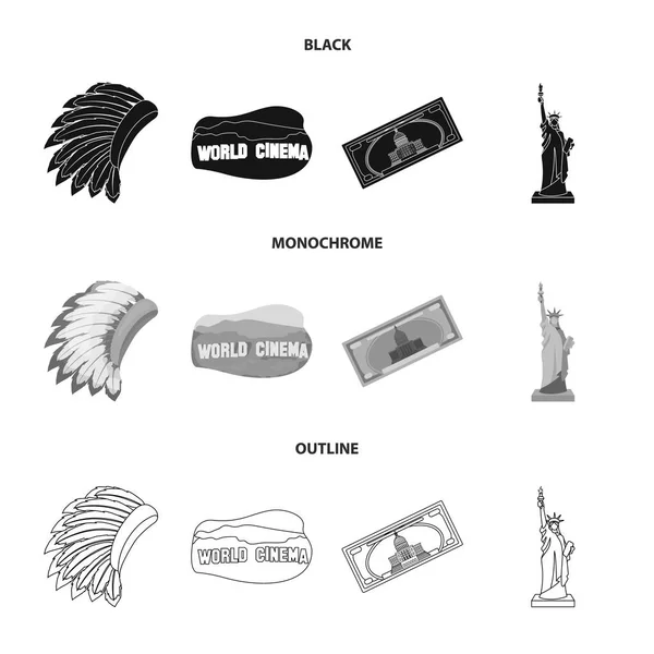 Mohavk、ワールド シネマ、ドル、自由の女神像。アメリカ合衆国の国が黒、白黒、アウトライン スタイルのベクトル シンボル ストック イラスト web コレクションのアイコンを設定. — ストックベクタ