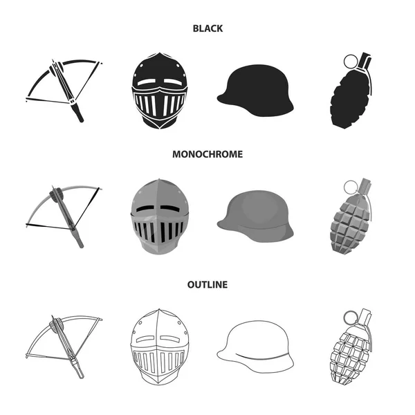 クロスボウ、中世のヘルメット、ヘルメットの兵士、手榴弾。武器は黒、白黒、アウトライン スタイルのベクトル シンボル ストック イラストの web コレクションのアイコンを設定します。. — ストックベクタ