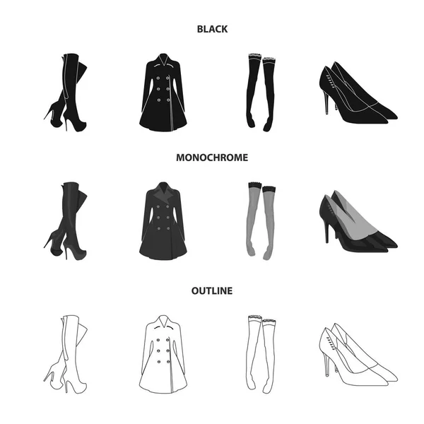 Botas altas de mujer, abrigos en botones, medias con una banda elástica con un patrón, zapatos de tacón alto. Ropa de mujer conjunto de iconos de colección en negro, monocromo, contorno estilo vector símbolo stock — Archivo Imágenes Vectoriales