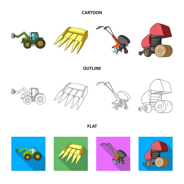 Motoblock und andere landwirtschaftliche Geräte. Landmaschinen Set Sammlung Symbole in Cartoon, Umriss, flachen Stil Vektor Symbol Stock Illustration Web. — Stockvektor