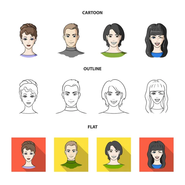 Diferentes miradas de los jóvenes.Avatar y iconos de la colección de conjuntos de cara en dibujos animados, contorno, vector de estilo plano símbolo stock illustration web . — Vector de stock