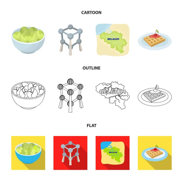 Territorio en el mapa, brotes de Bruselas y otros símbolos del país.Bélgica establece iconos de colección en dibujos animados, contorno, vector de estilo plano símbolo stock illustration web . — Vector de stock