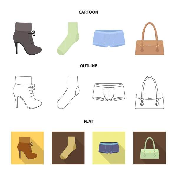 Женские ботинки, носки, шорты, женская сумка. Иконки коллекции одежды в мультфильме, контур, векторные символы плоского стиля иконка . — стоковый вектор
