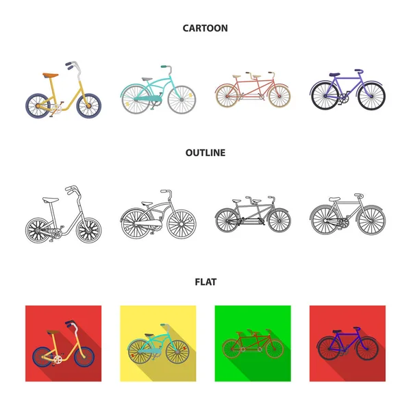 Děti kol, dvojité tandemové a dalších typů. Různé jízdní kola sada kolekce ikon v karikatuře, obrys, plochý vektor symbol akcií ilustrace web. — Stockový vektor