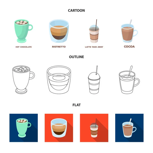 Ristretto, chocolate quente, latte take-away.Different tipos de ícones de coleção de conjunto de café em desenhos animados, esboço, estilo plano símbolo vetorial web ilustração . —  Vetores de Stock