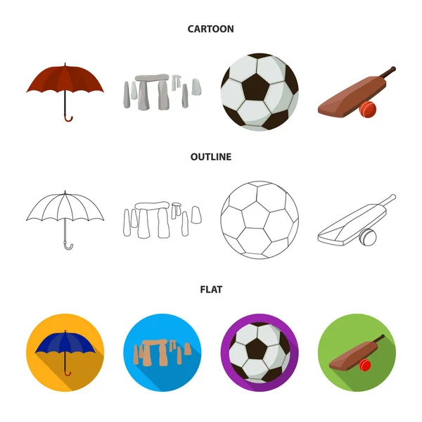 雨伞, 石头, 球, 板球。英国国家集合图标在卡通, 轮廓, 平面风格矢量符号股票插画网站. — 图库矢量图片