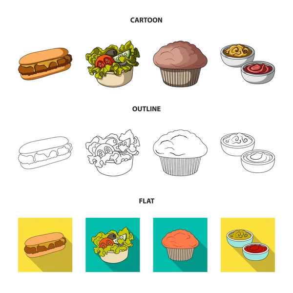 Yemek, dinlenme, içecek ve diğer web simgesi karikatür, anahat, stil düz. Kek, bisküvi, krem, kutsal kişilerin resmi içinde set koleksiyonu. — Stok Vektör