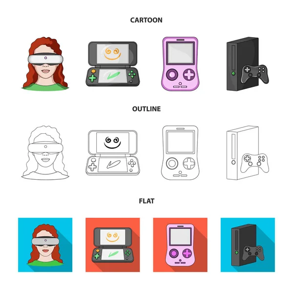 Consola de juegos y dibujos animados de realidad virtual, contorno, iconos planos en la colección de conjuntos para el diseño.Game Gadgets vector símbolo stock web illustration . — Archivo Imágenes Vectoriales