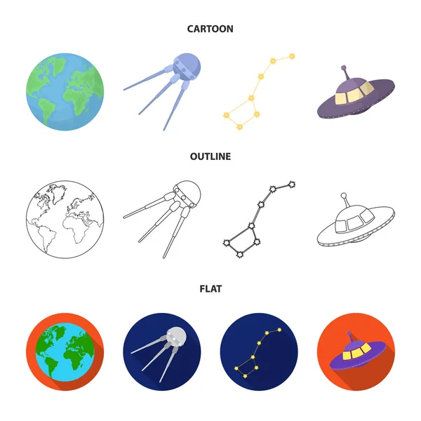 Pianeta Terra con continenti e oceani, satellite volante, Orsa Maggiore, UFO. Spazio set di icone di raccolta in cartone animato, contorno, stile piatto vettore simbolo stock illustrazione web . — Vettoriale Stock