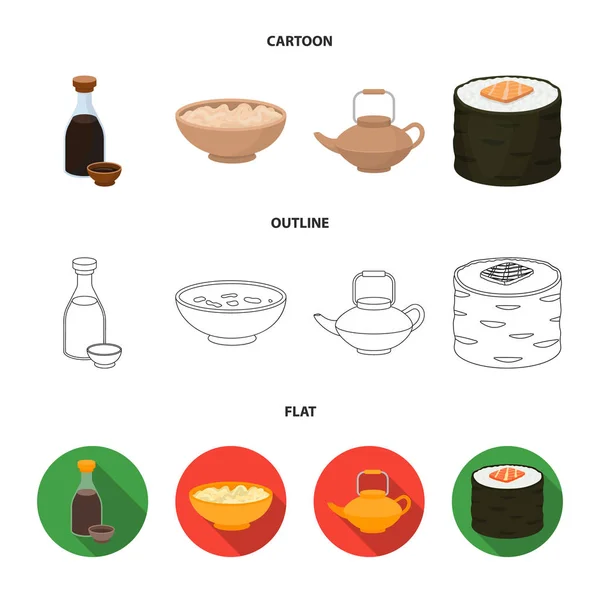 Molho de soja, macarrão, kettle.rolls.Sushi conjunto coleção ícones em desenhos animados, esboço, estilo plano símbolo vetorial estoque ilustração web . — Vetor de Stock