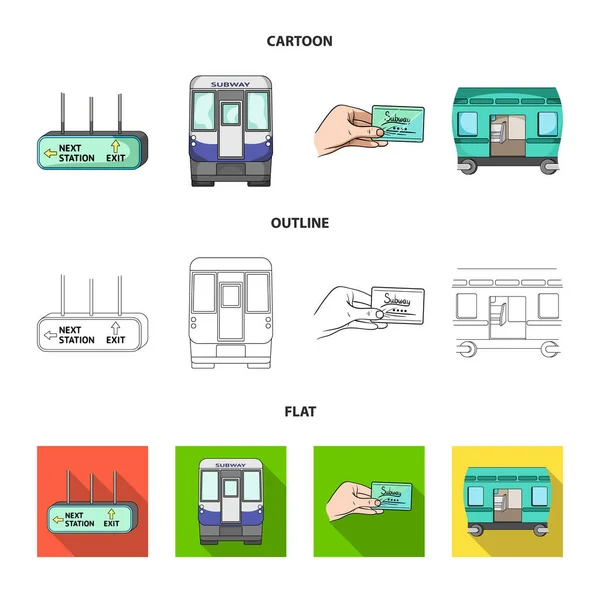 Taşıma, Kamu, tren ve diğer web simgesi karikatür, anahat, düz stil. Donanımları, özelliklerini, küme koleksiyon mekanizması simgeleri. — Stok Vektör