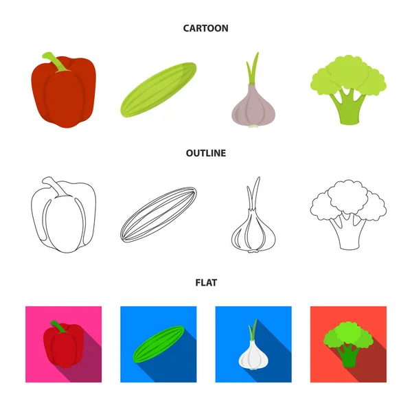 Rote Paprika, grüne Gurken, Knoblauch, Kohl. Gemüse Set Sammlung Symbole in Cartoon, Umriss, flachen Stil Vektor Symbol Stock Illustration Web. — Stockvektor