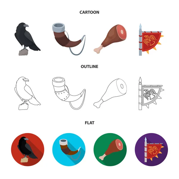 Corvo seduto, corno con drink, prosciutto, bandiera della vittoria. Vichinghi set icone di raccolta in cartone animato, contorno, stile piatto vettore simbolo stock illustrazione web . — Vettoriale Stock