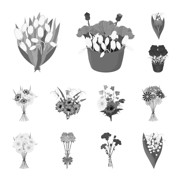 デザインのセットのコレクションのモノクロ アイコンを新鮮な花の花束。様々 な花束ベクトル シンボル ストック web イラスト. — ストックベクタ