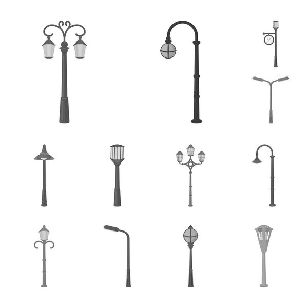 Lamp post monochrome icons in set collection for design. Lantern and lighting vector symbol stock web illustration.