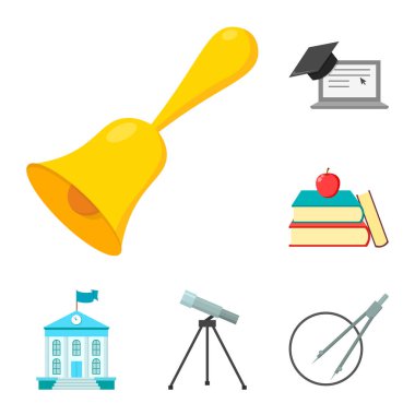 Set koleksiyonu tasarım için okul ve eğitim karikatür simgeler. Üniversite, ekipman ve aksesuarları sembol stok web illüstrasyon vektör.