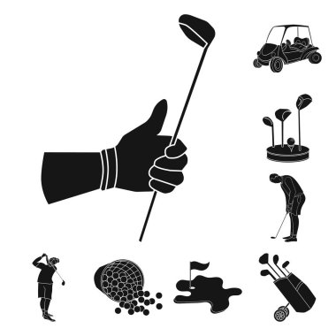Set koleksiyonu tasarım için simgeler siyah Golf ve öznitelikleri. Golf Kulübü ve ekipman sembol stok web illüstrasyon vektör.