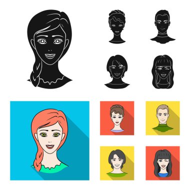 Gençlerin farklı görünüyor. Avatar ve yüz toplama simgeler siyah, düz stil vektör simge stok çizim web ayarla.