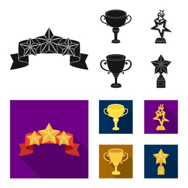 Gümüş Kupası ikincilik için stand, bir yıldız, bir gold Kupası ile bir fincan altın yıldız. Ödülleri ve kupa toplama simgeler siyah, düz stil vektör simge stok çizim web ayarla.