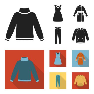 Elbise kısa kollu, pantolon, Mont, raglan ile. Giyim toplama simgeler siyah, düz stil vektör simge stok çizim web içinde ayarla..
