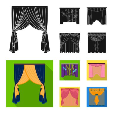 Nakış, tekstil, mobilya ve diğer web simge siyah, düz tarzı. Perdeler, sopa, kornişler, küme koleksiyon simgeler.