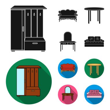 Kanepe, koltuk, Masa, ayna. Siyah, düz stil vektör simge stok çizim web mobilya ve ev interiorset toplama simgeler.