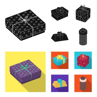 Fiyonklu hediye paketi hediye kutusu. Hediyeler ve sertifikaları toplama simgeler siyah, düz stil vektör simge stok çizim web ayarla.