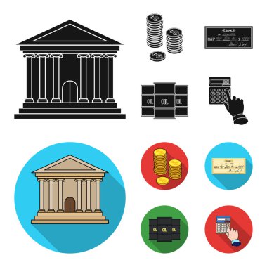 Sikke, bir banka çeki, bir hesap makinesi, siyah altın yığını. Para ve finans toplama simgeler siyah, düz stil vektör simge stok çizim web ayarla.