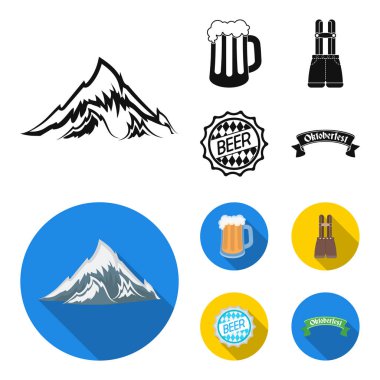 Şort pantolon askısı, bir bardak bira, bir işaret, bir amblem. Oktoberfest toplama simgeler siyah, düz stil vektör simge stok çizim web içinde ayarla..