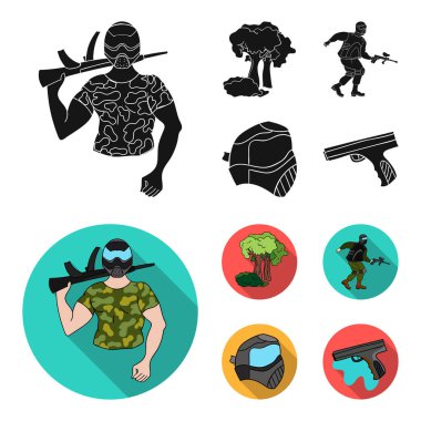 Maske, silah, boya, stok. Paintball toplama simgeler siyah, düz stil vektör simge stok çizim web içinde ayarla..