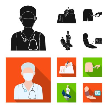Kas içi enjeksiyon reçete, diş hekimi, kan basıncı ölçüm. Medicineset toplama simgeler siyah, düz stil vektör simge stok çizim web içinde.