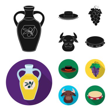 Todeador, matador, bir avuç üzüm ile yumruk, bir boğa için İspanyol boğa güreşi, bir tef şapka. İspanya ülke toplama simgeler siyah, düz stilde vektör simge stok ayarla