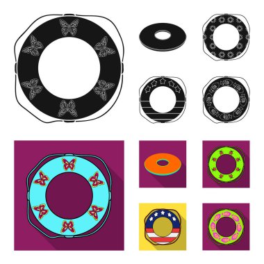 Çok renkli yüzme set koleksiyonu tasarım için siyah, düz simgeler daire içine alın. Farklı lifebuoys sembol stok web illüstrasyon vektör.