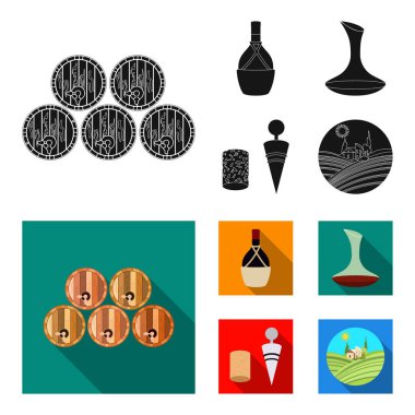 Bir şişe şarap bir sepet, bir gafine, bir tirbuşon mantar, üzüm bir vadi ile. Şarap üretimi toplama simgeler siyah, düz stil vektör simge stok çizim web içinde ayarla..