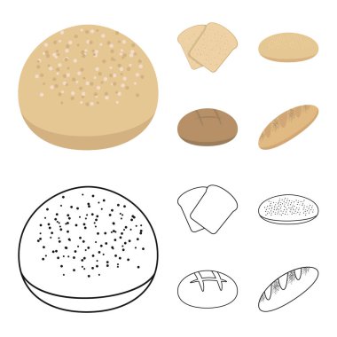 Kızarmış ekmek, pizza hisse senedi, eşsiz somun, yuvarlak çavdar. Ekmek toplama simgeler çizgi film, anahat stili vektör simge stok çizim web ayarla..