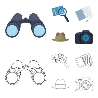 Kamera, Büyüteç, şapka, defter kalem ile. Dedektif toplama simgeler çizgi film, anahat stili vektör simge stok çizim web ayarla..