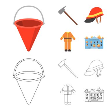 AX, kask, Üniforma, Bina yanıyor. Yangın departmentset çizgi film, anahat stili vektör simge stok çizim web simgeler ayarla.