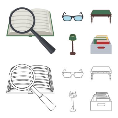 Gözlük, ahşap bir masa, bir zemin lamba, kitap olan bir kutu. Bir kütüphane ve bir kitapçı çizgi film, anahat stili vektör simge stok çizim web simgeler ayarla.