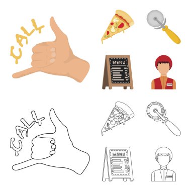 Bir pizza kesici, bir dilim, bir menüde bir pizzacı, bir kurye. Pizza ve pizza çizgi film, anahat stili vektör simge stok çizim web simgeler ayarla.