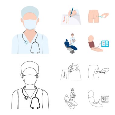Kas içi enjeksiyon reçete, diş hekimi, kan basıncı ölçüm. Medicineset toplama simgeler karikatür, anahat stili vektör simge stok çizim web.