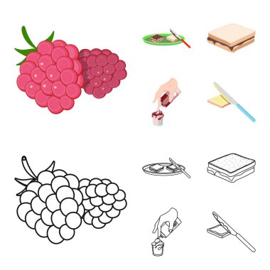 Tatlı krema, bir sandviç ve diğer gıda ile. Yiyecek toplama simgeler çizgi film, anahat stili vektör simge stok çizim web ayarla..