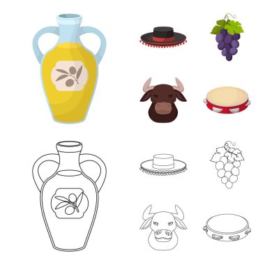 Todeador, matador, bir avuç üzüm ile yumruk, bir boğa için İspanyol boğa güreşi, bir tef şapka. İspanya ülke toplama simgeler çizgi film, anahat stili vektör simge stok ayarla.