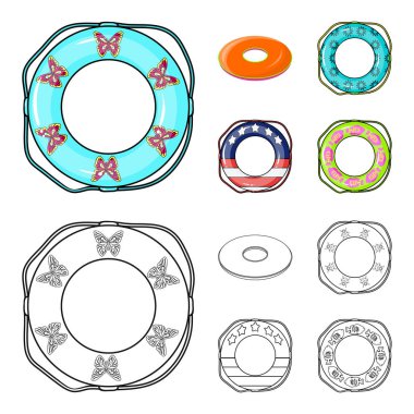 Çok renkli Yüzme çizgi film, set koleksiyonu tasarım için anahat simgelerini daire içine alın. Farklı lifebuoys sembol stok web illüstrasyon vektör.