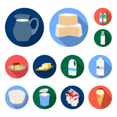 Süt ürün düz simgeler vektör design.Milk ve gıda için küme toplama hisse senedi web illüstrasyon simge.
