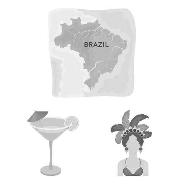 Land Brazilië zwart-wit pictogrammen in set collectie voor design. Reizen en bezienswaardigheden Brazilië symbool voorraad web vectorillustratie. — Stockvector